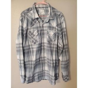 BKE Pearl Snap Shirt Mens XXL Gray Blue Plaid Long Sleeve Athletic Fit Collared